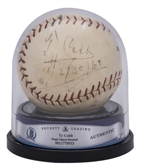 1960 Ty Cobb Single Signed/Inscribed Special League Baseball with "12/30/60" Inscription (Beckett)